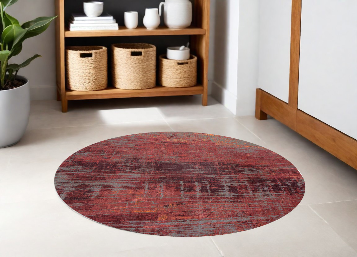 548618 5 ft. Red & Gray Round Abstract Non Skid Machine Woven Area Rug