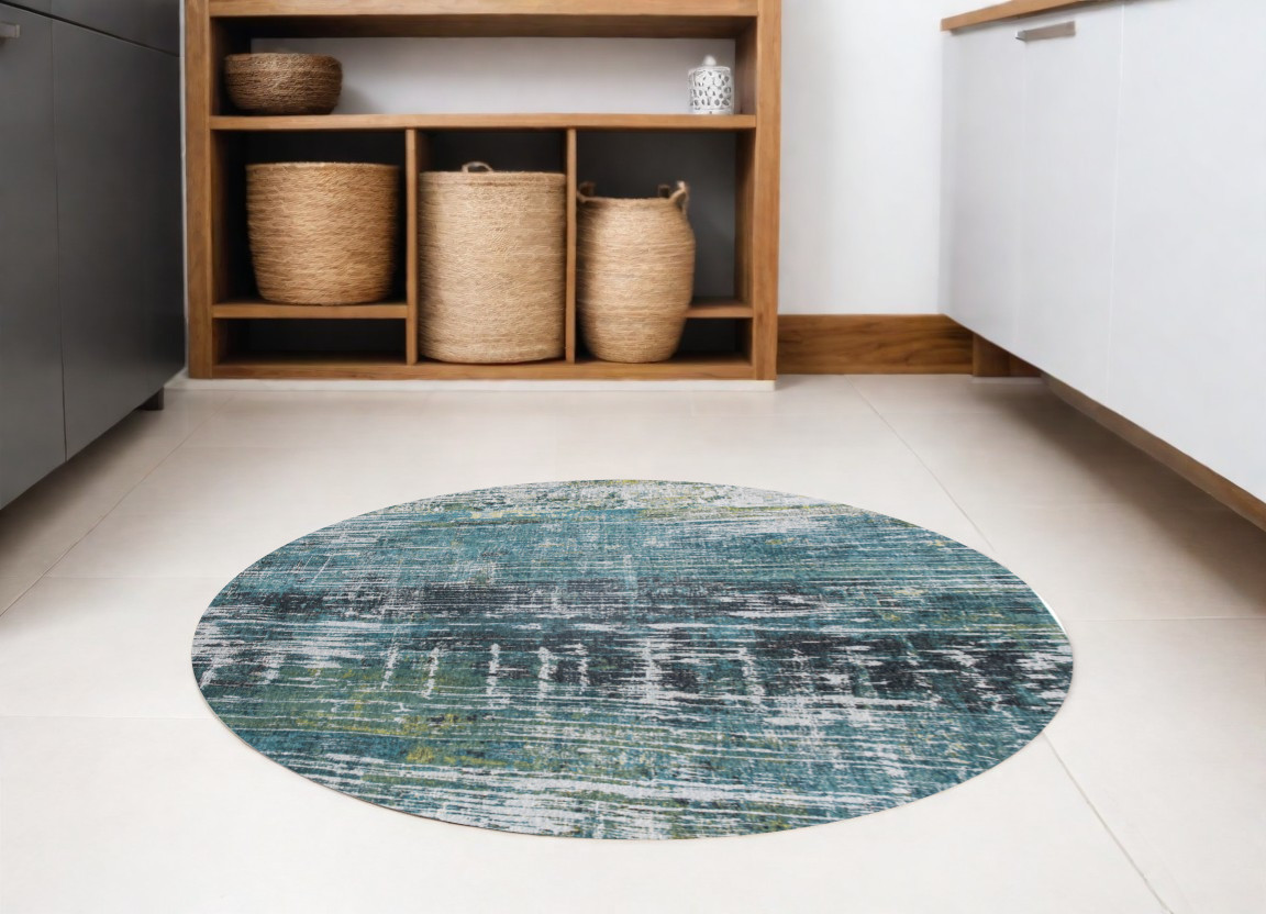 548626 5 ft. Blue & Green Round Abstract Non Skid Machine Woven Area Rug