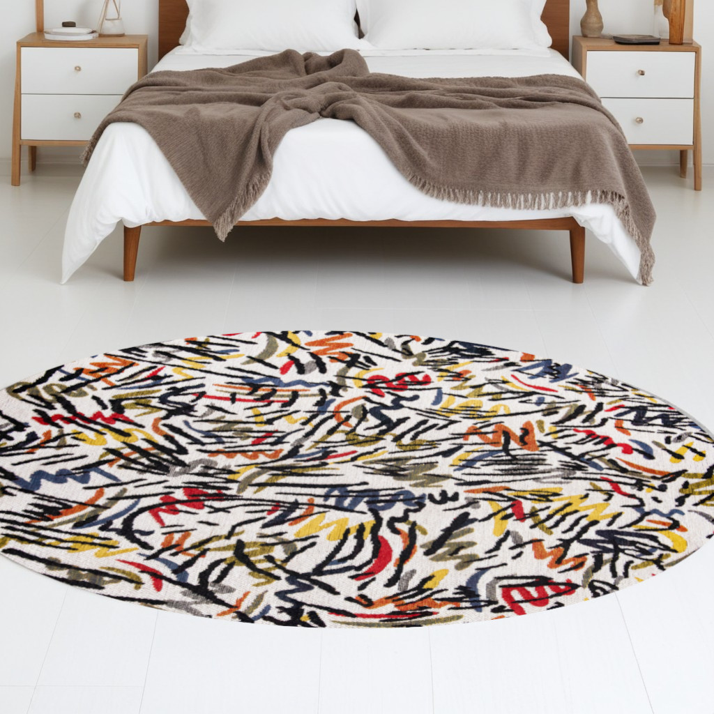 551714 8 ft. White Round Abstract Non Skid Machine Woven Area Rug