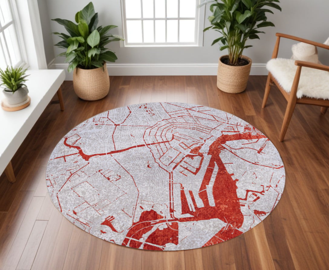 551785 8 ft. Red & White Round Abstract Non Skid Machine Woven Area Rug