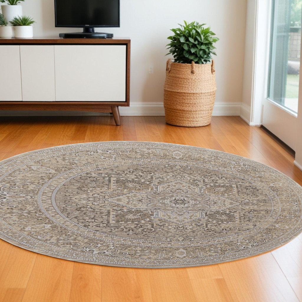 513133 8 ft. Brown & Ivory Round Medallion Power Loomed Distressed Area Rug