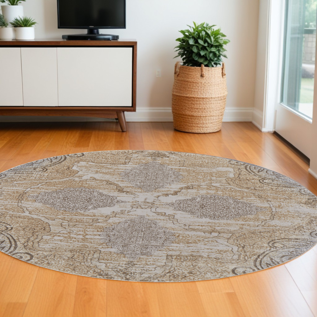 513151 8 ft. Gray & Brown Round Medallion Power Loomed Distressed Area Rug