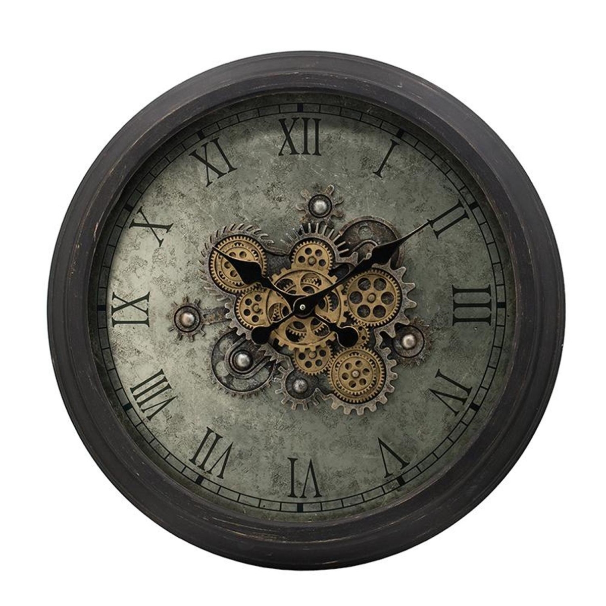 485981 28 in. Circle Black & Gray Wood & Glass Analog Exposed Gear Wall Clock