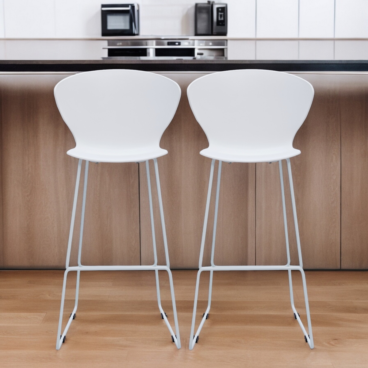 555096 30 in. White & Silver Heavy Duty Plastic & Metal Low Back Bar Height Bar Chairs - Set of 2