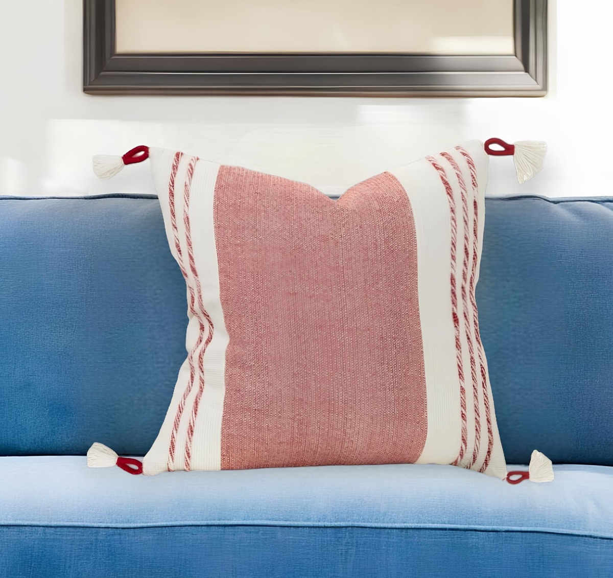 518672 20 in. Red & White Color Block Cotton Throw Pillow with Tassels