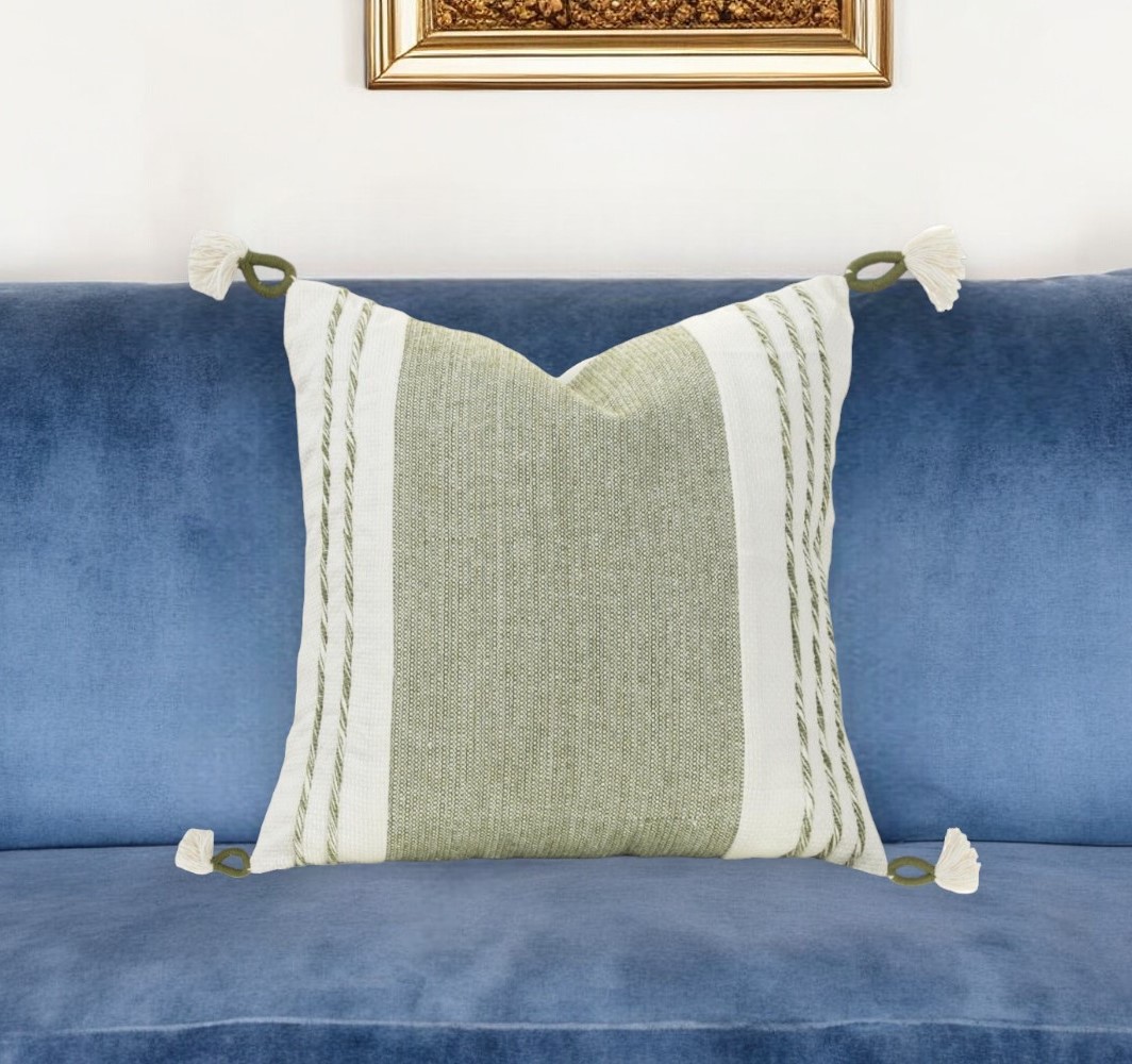 Color Block Cotton Throw Pillow - Green & White - 20 in. - with Tassels