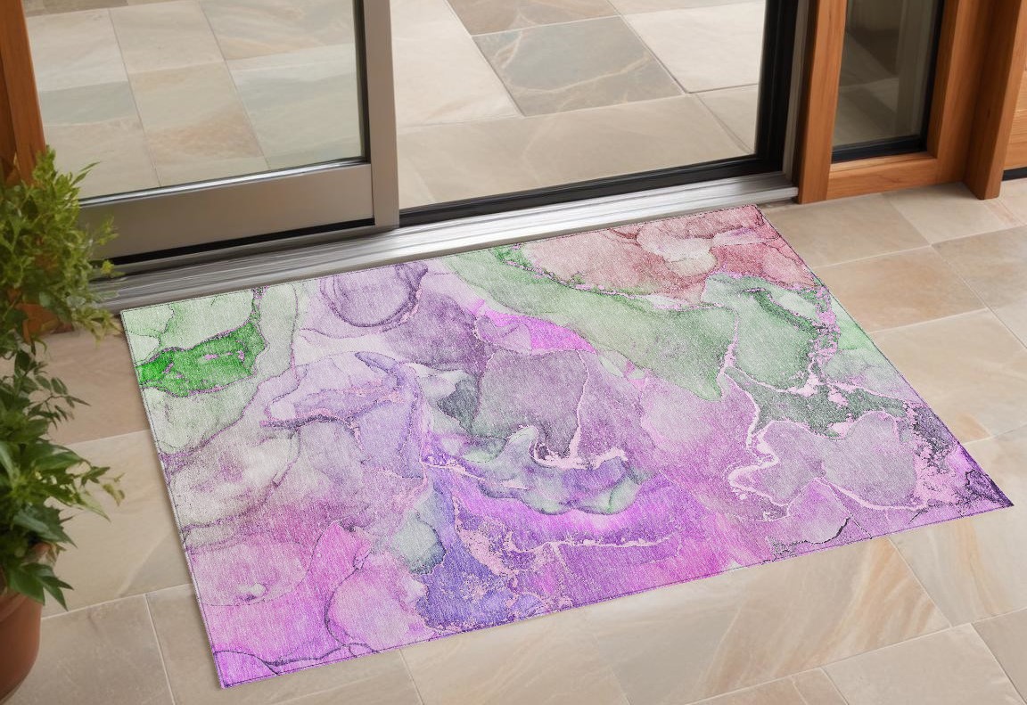 Purple Abstract Washable Non-Skid Area Rug - 2 x 3 ft. - Stain Resistant