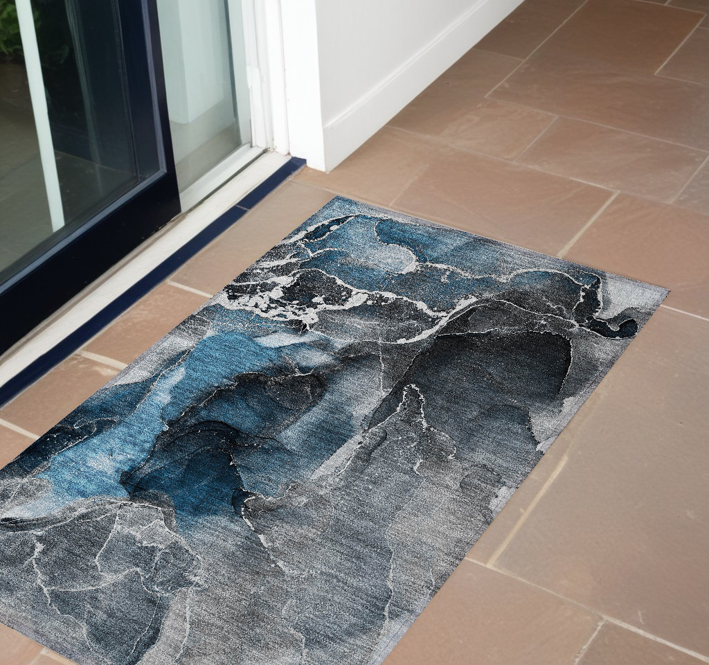 Abstract Washable Area Rug - Ivory Blue & Gray - 3 x 5 ft - Stain Resistant
