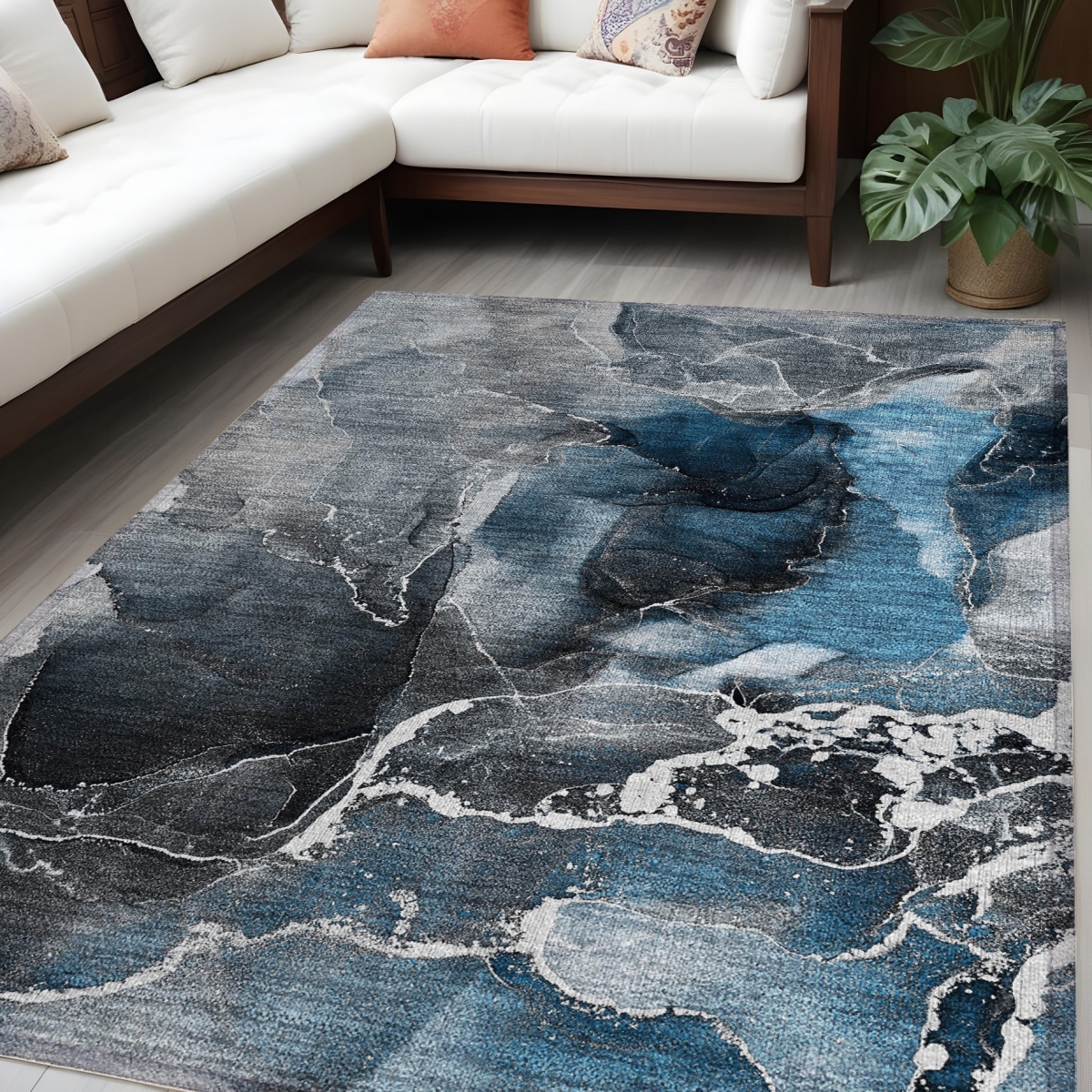 Abstract Washable Area Rug - Ivory Blue & Gray - 5 x 8 ft - Stain Resistant