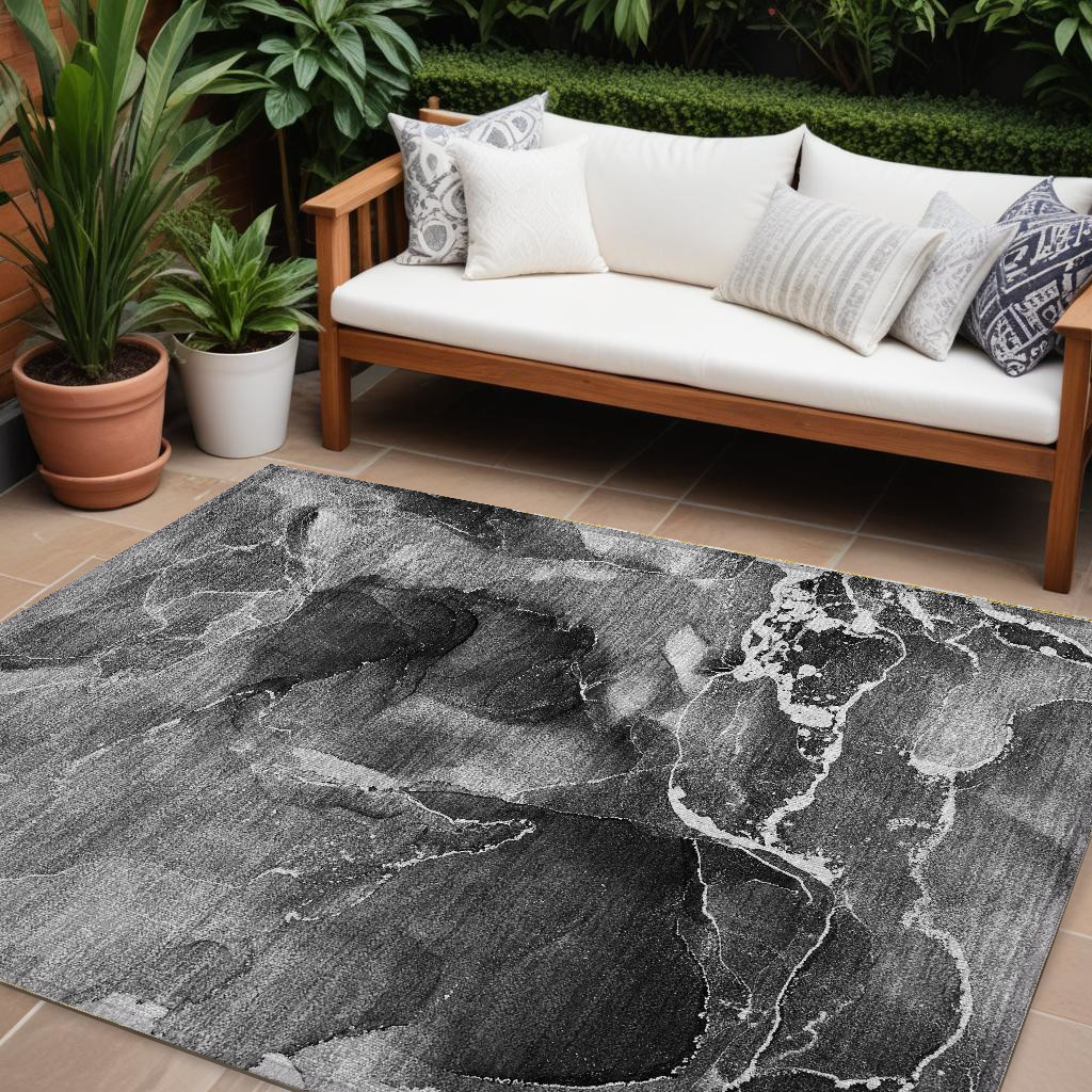 Abstract Black Gray & White Area Rug - 8 x 10 ft - Machine Washable - Non-Skid