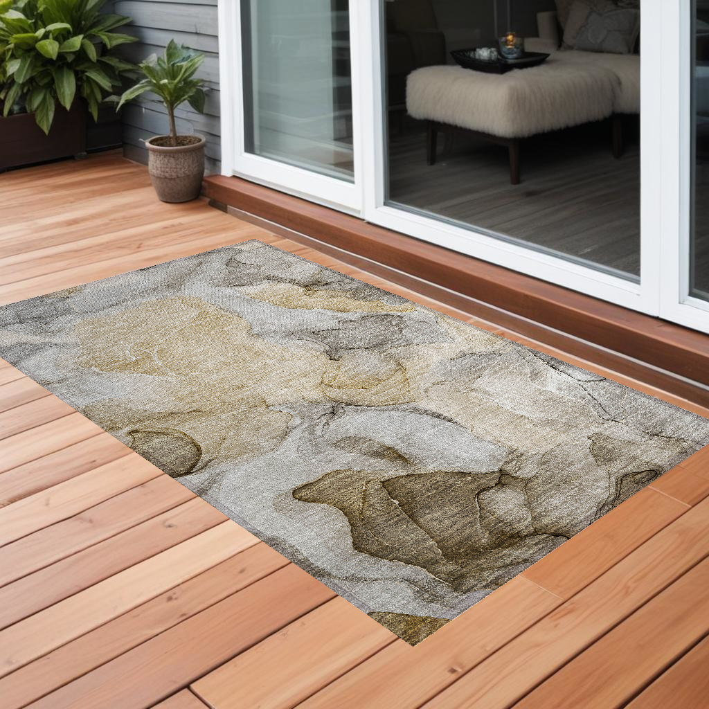 Brown Abstract Washable Area Rug - 3 x 5 ft - Non-Skid - Stain Resistant