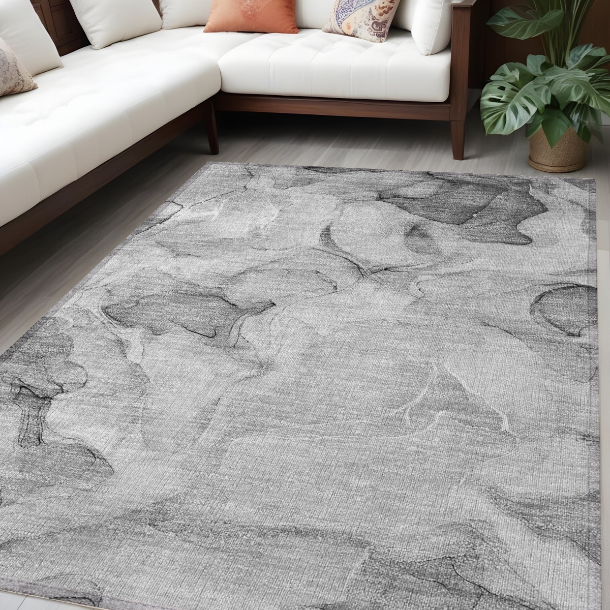 Gray Abstract Washable Non-Skid Area Rug - 5 x 8 ft. - Stain Resistant