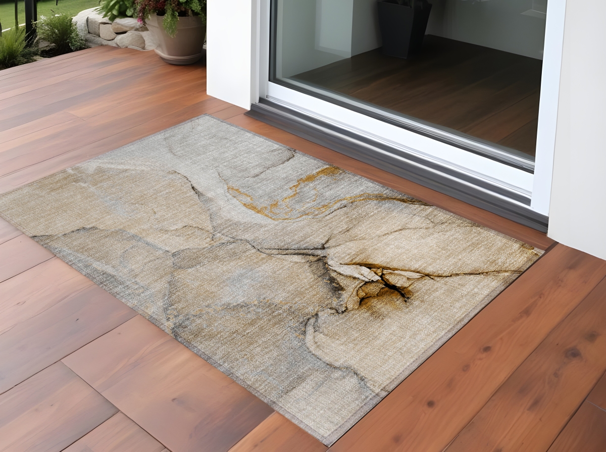 Beige Abstract Indoor/Outdoor Area Rug - 2 x 3 ft - Machine Washable