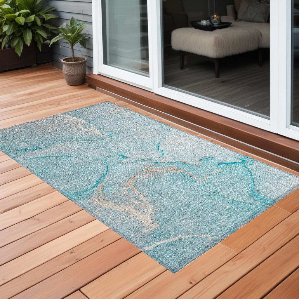 559902 2 x 3 ft. Teal Abstract Washable Non Skid Indoor Outdoor Rectangle Machine Woven Area Rug