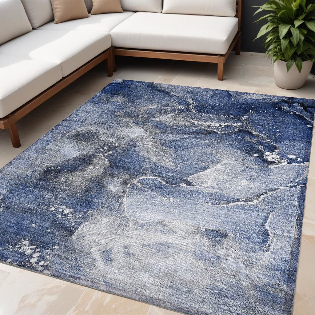 Blue & Gray Abstract Washable Area Rug - 5 x 8 ft. - Stain Resistant