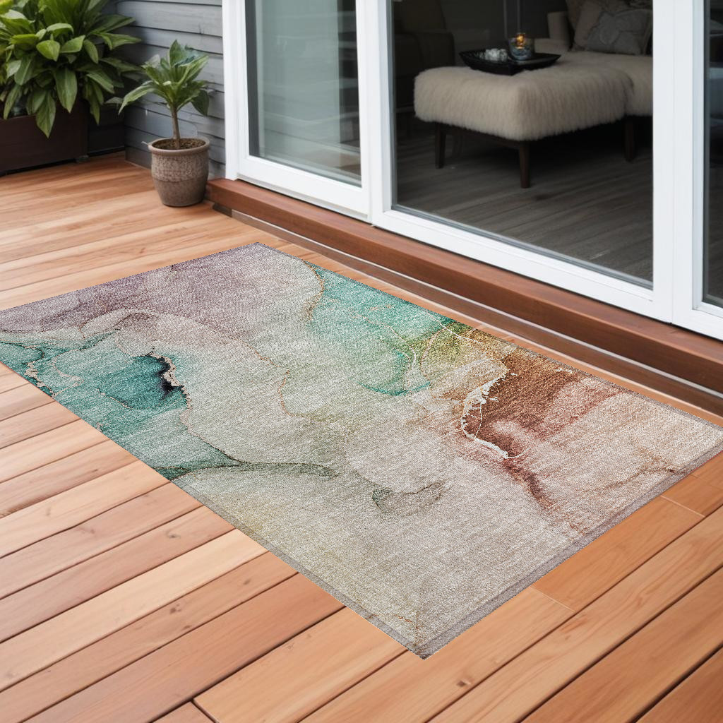 560474 2 x 3 ft. Teal Abstract Washable Non Skid Indoor Outdoor Rectangle Machine Woven Area Rug