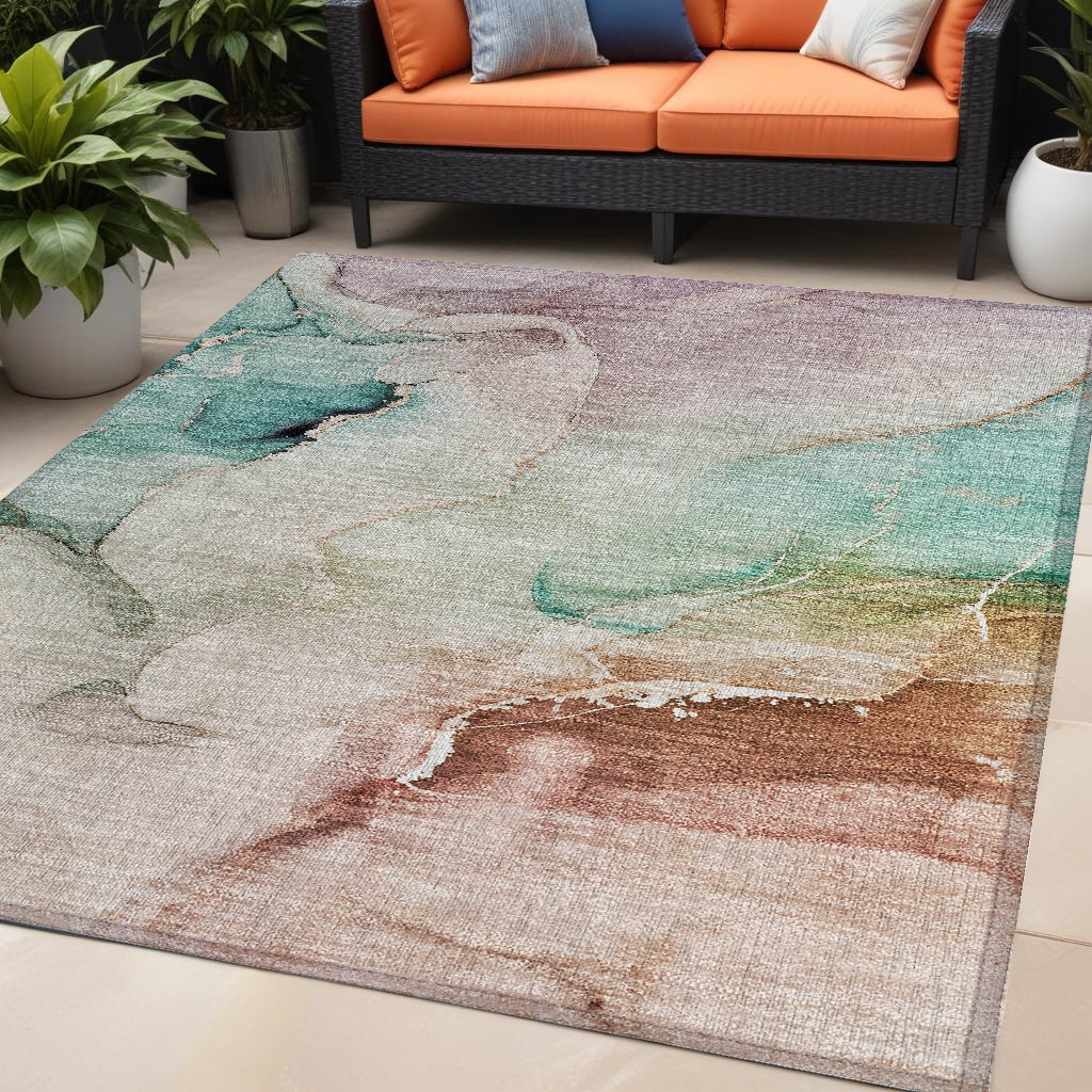 560478 5 x 8 ft. Teal Abstract Washable Non Skid Indoor Outdoor Rectangle Machine Woven Area Rug
