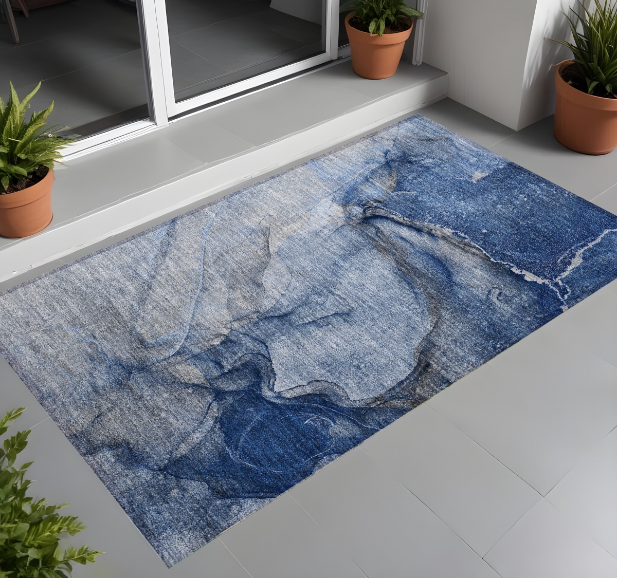 560573 2 x 3 ft. Navy Blue Abstract Washable Non Skid Indoor Outdoor Rectangle Machine Woven Area Rug