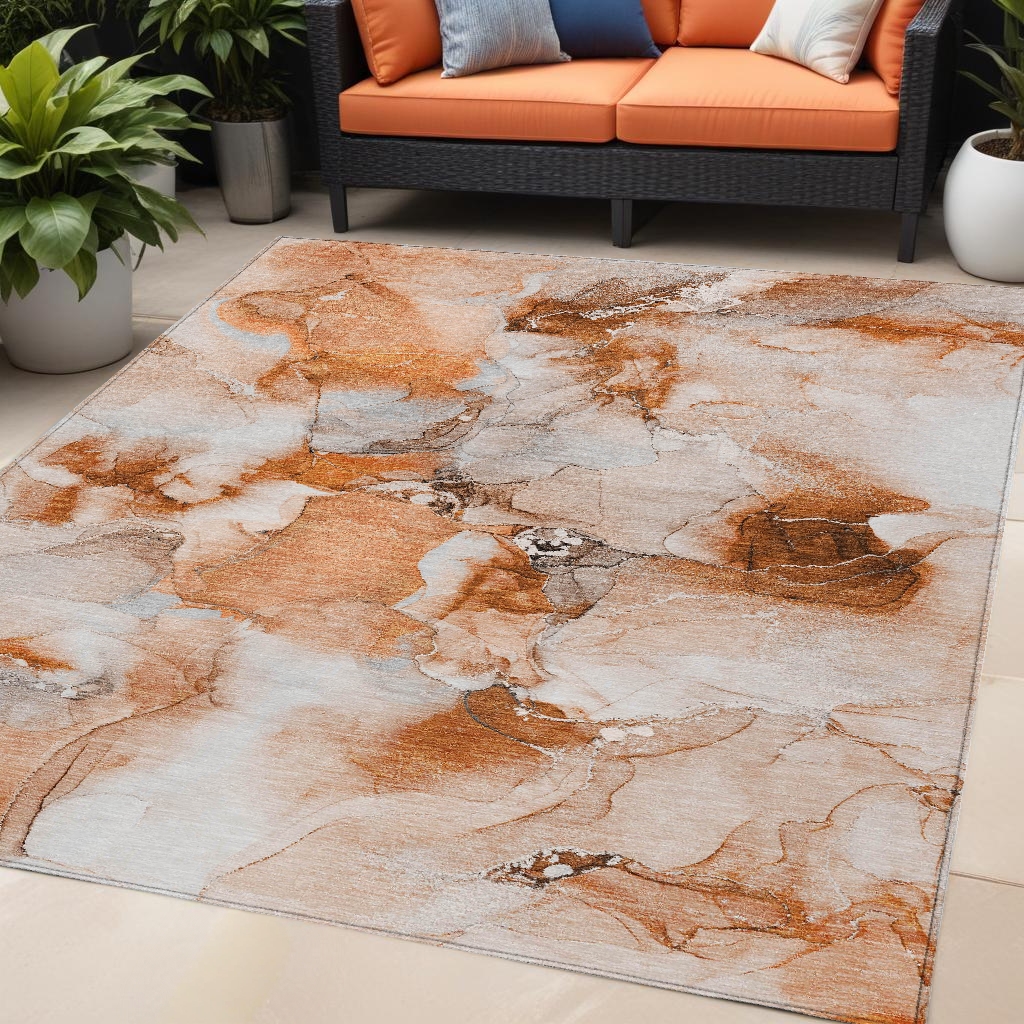 Abstract Washable Area Rug - Orange & Ivory - 5 x 8 ft - Stain Resistant
