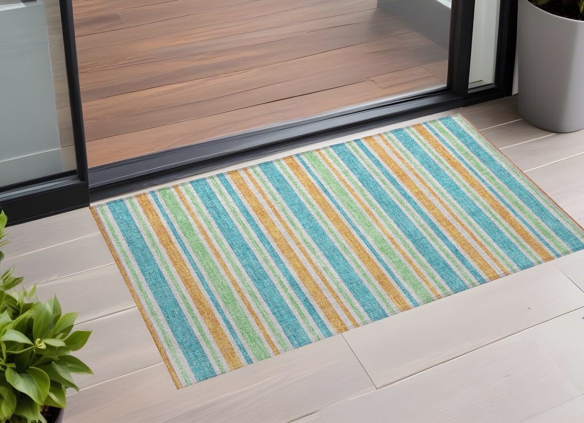 Teal Striped Washable Non-Skid Area Rug - 2 x 3 ft - Stain Resistant