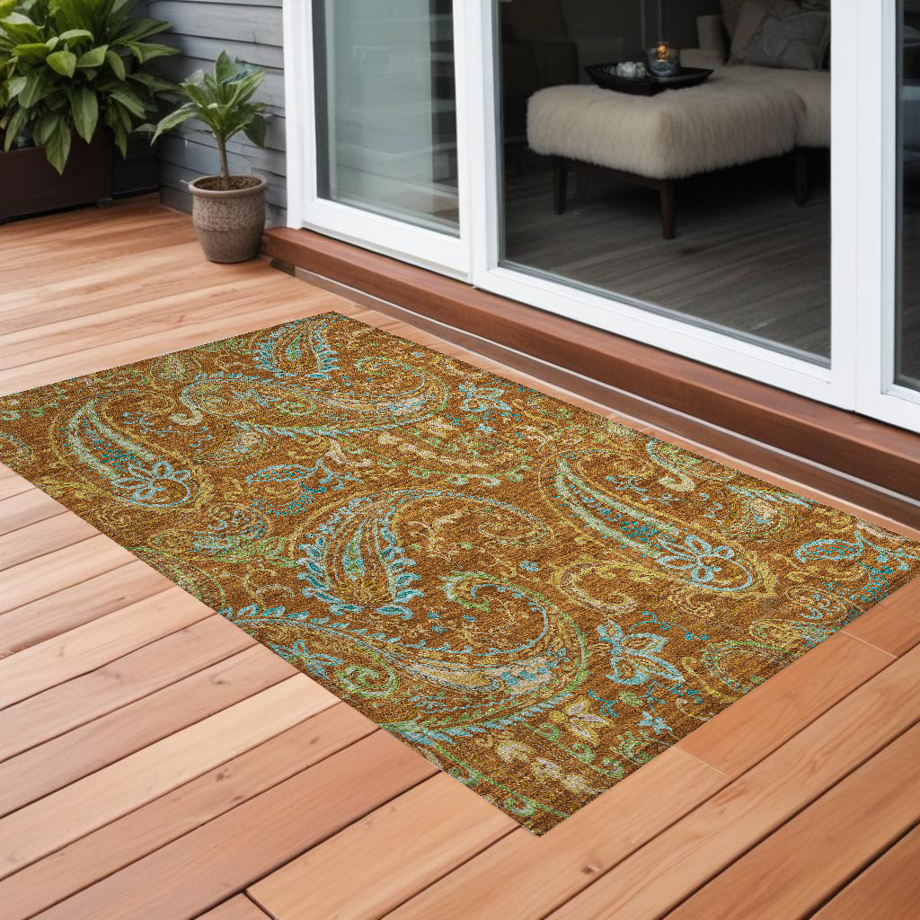 Orange Paisley Indoor Outdoor Area Rug - 3 x 5 ft - Washable & Non-Skid