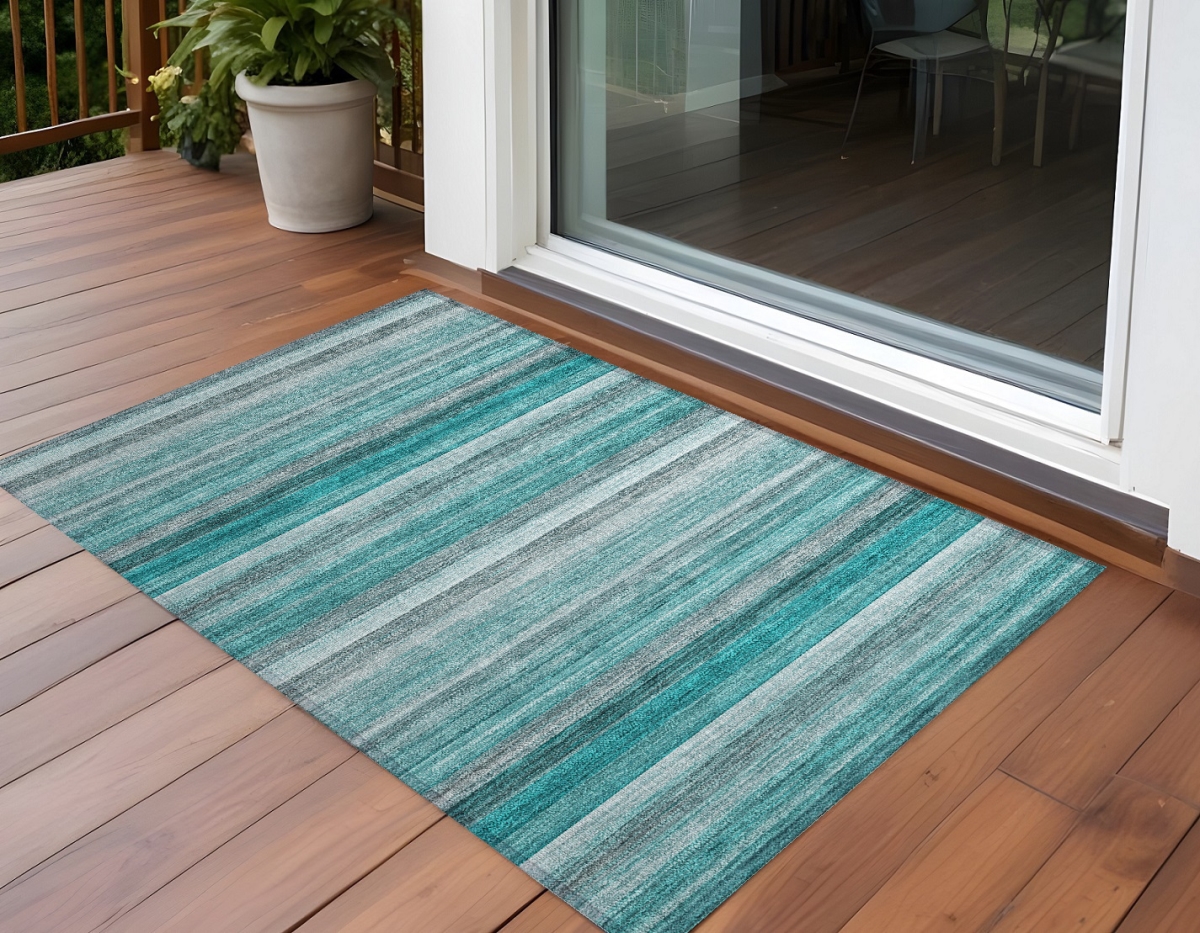 561541 3 x 5 ft. Teal Striped Washable Non Skid Indoor Outdoor Rectangle Machine Woven Area Rug