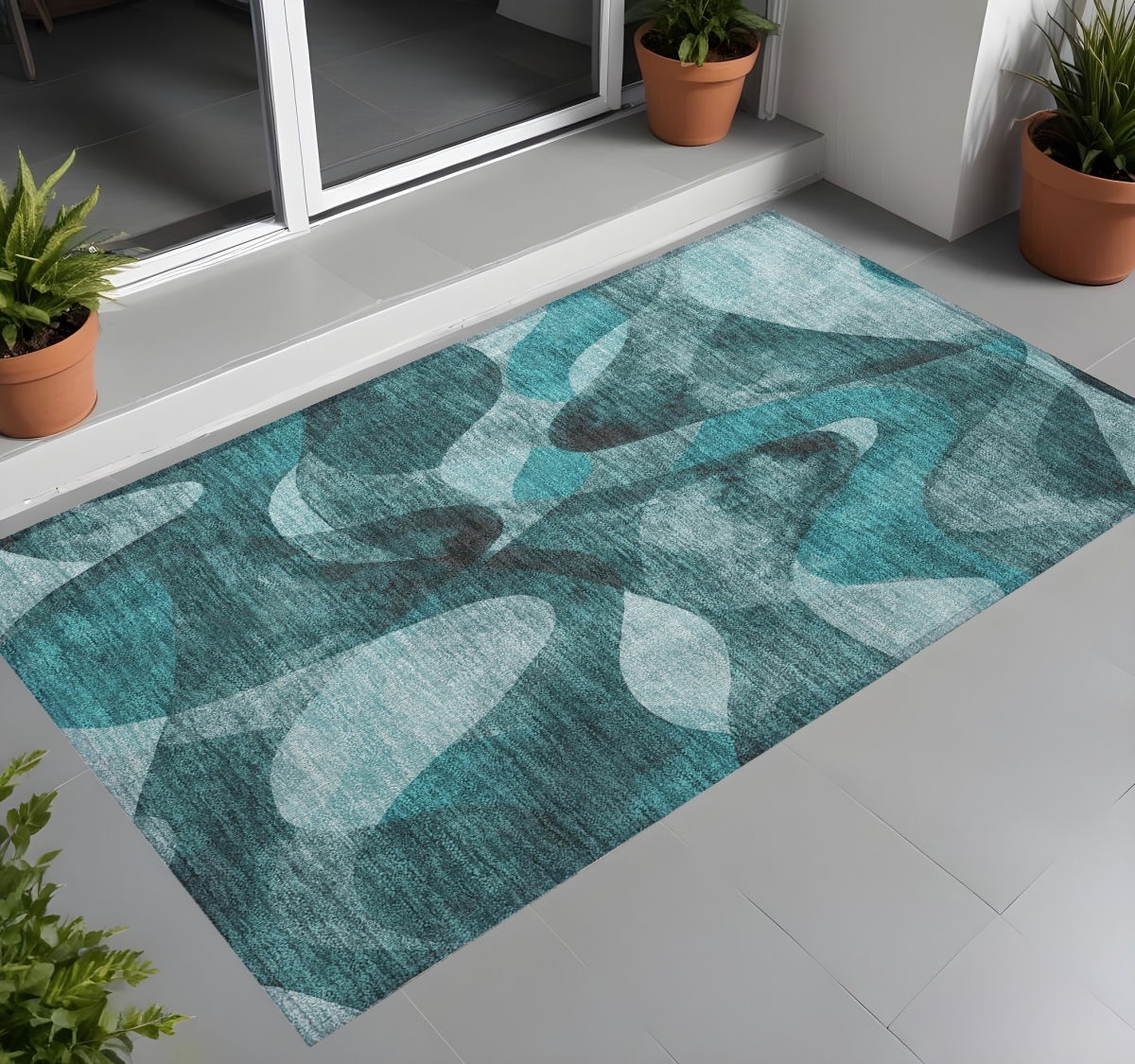 561627 3 x 5 ft. Teal Abstract Washable Non Skid Indoor Outdoor Rectangle Machine Woven Area Rug