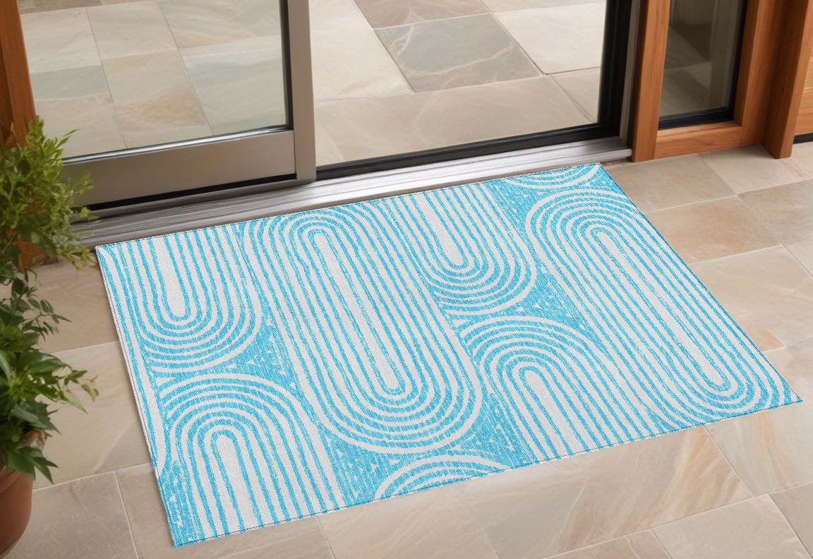 561870 3 x 5 ft. Teal Abstract Washable Non Skid Indoor Outdoor Rectangle Machine Woven Area Rug
