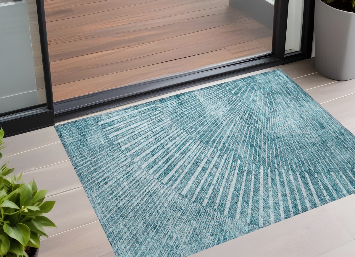 562002 2 x 3 ft. Teal Abstract Washable Non Skid Indoor Outdoor Rectangle Machine Woven Area Rug