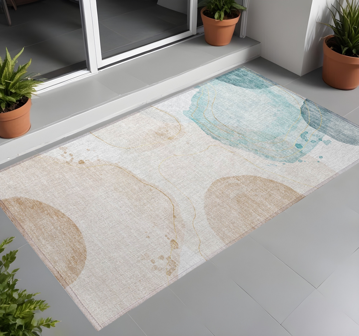 562155 2 x 3 ft. Beige & Blue Abstract Washable Non Skid Indoor Outdoor Rectangle Machine Woven Area Rug