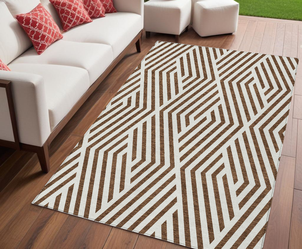 Brown & White Geometric 5x8 ft. Washable Area Rug - Stain Resistant