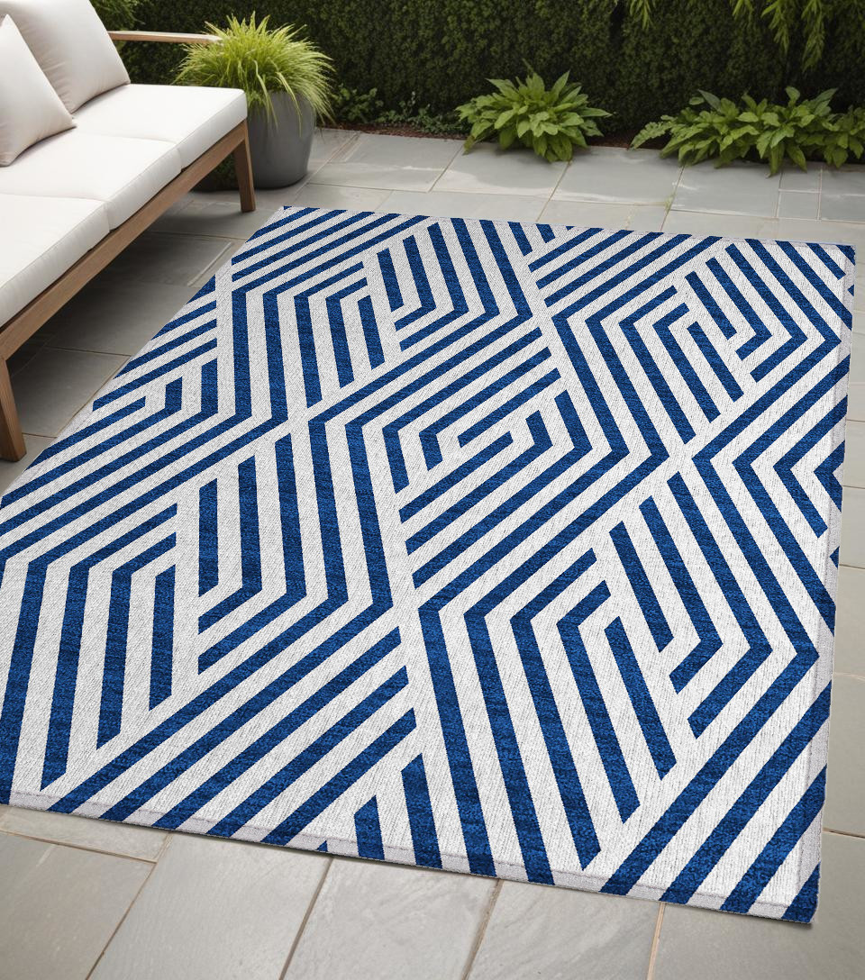 Navy & White Geometric Area Rug - 5 x 8 ft - Machine Washable - Stain Resistant