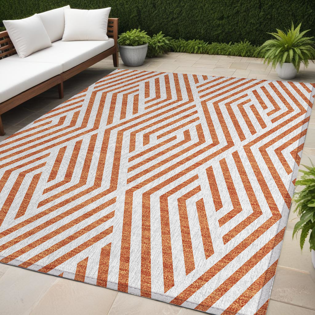 Geometric Orange & White Area Rug - 5 x 8 ft - Machine Washable - Stain Resistant