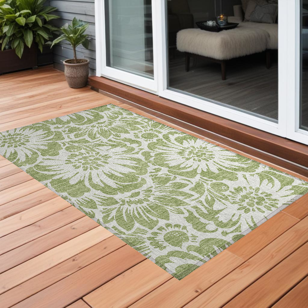 Floral Washable Area Rug - Green & Ivory - 3 x 5 ft - Stain Resistant