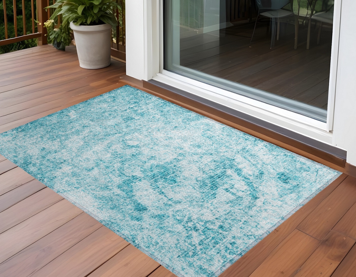 562668 2 x 3 ft. Teal Abstract Washable Non Skid Indoor Outdoor Rectangle Machine Woven Area Rug
