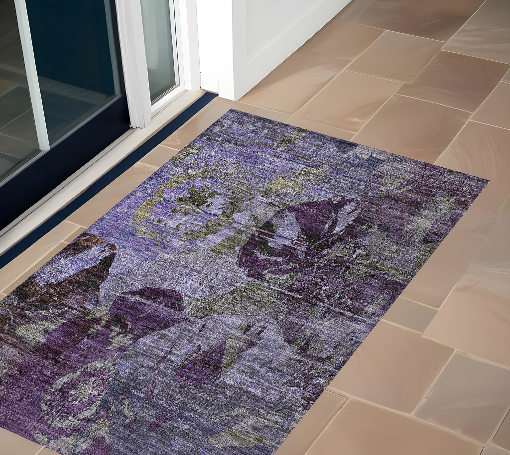 562779 3 x 5 ft. Purple & Green Floral Washable Non Skid Indoor Outdoor Rectangle Machine Woven Area Rug