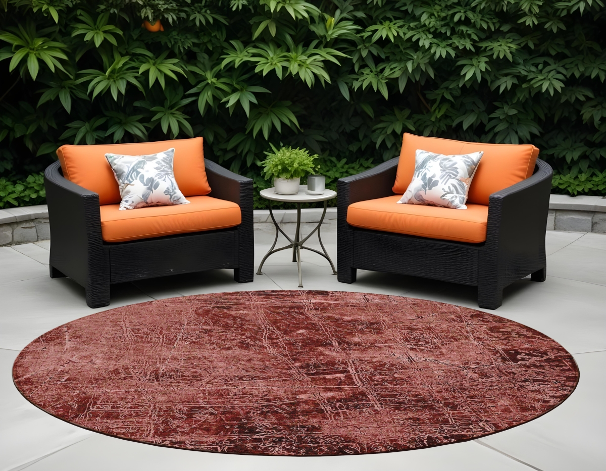 Round Abstract Washable Area Rug - Merlot - 8 ft. - Stain Resistant