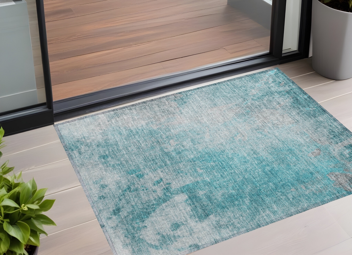 563316 3 x 5 ft. Teal Abstract Washable Non Skid Indoor Outdoor Rectangle Machine Woven Area Rug