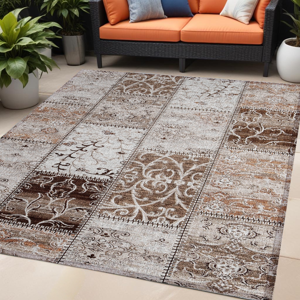Washable Patchwork Area Rug - Taupe & Ivory - 5 x 8 ft - Stain Resistant