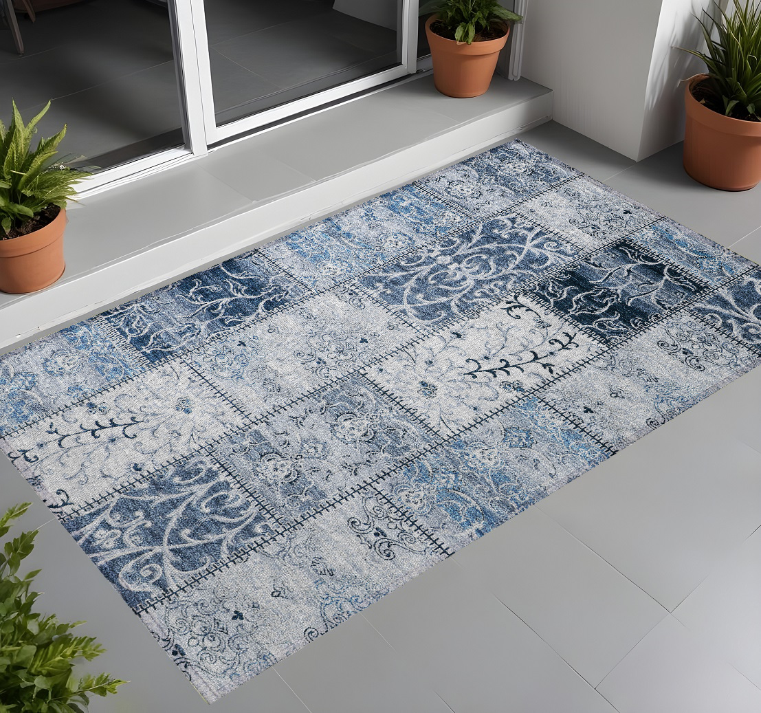 Denim Blue Patchwork Area Rug - 3 x 5 ft. - Machine Washable - Non-Skid Design