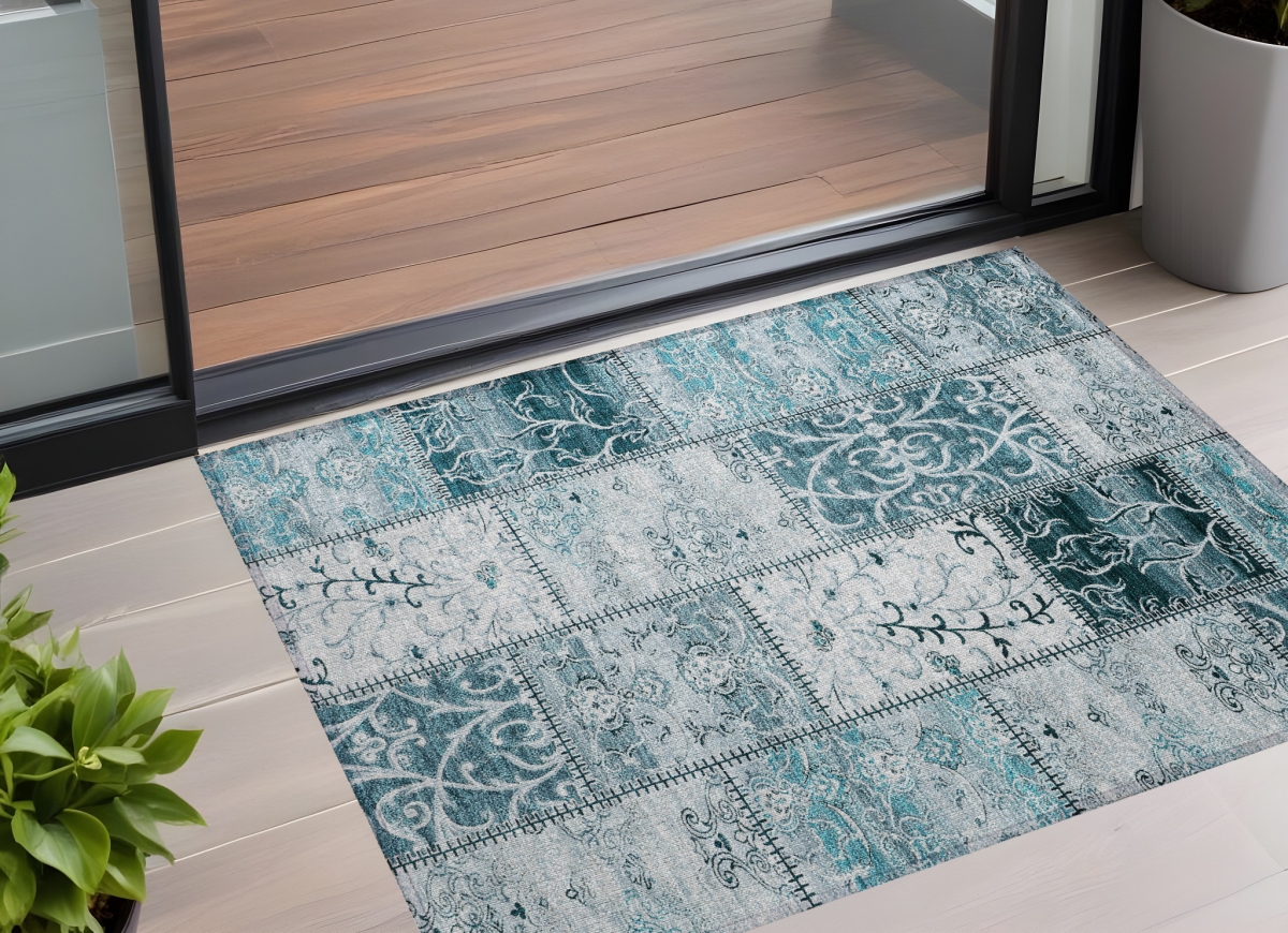 Teal Patchwork Washable Area Rug - 2 x 3 ft. - Indoor/Outdoor - Stain Resistant