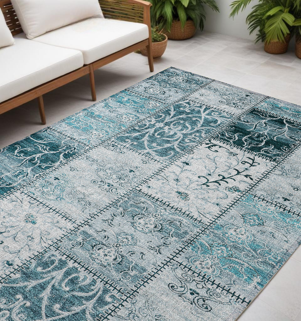 563587 5 x 8 ft. Teal Patchwork Washable Non Skid Indoor Outdoor Rectangle Machine Woven Area Rug