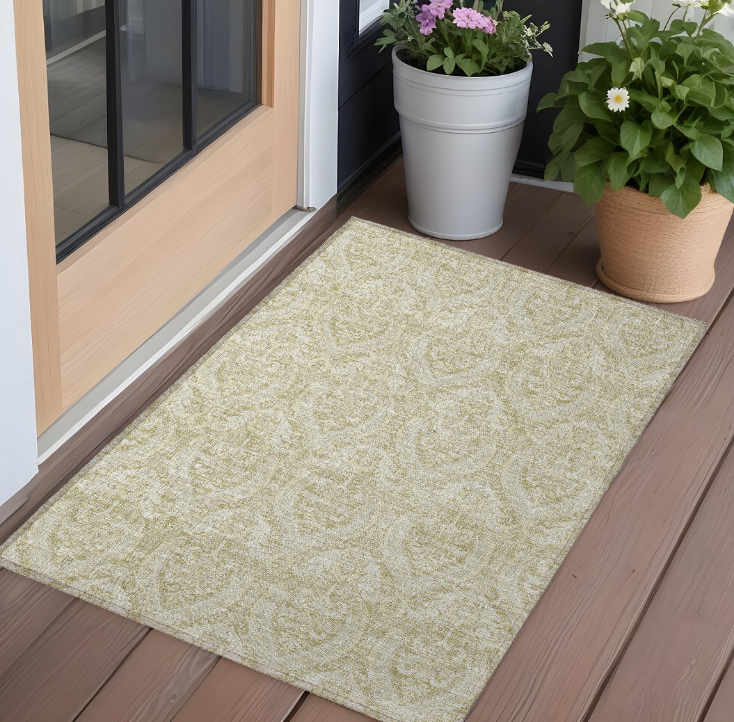 Light Green Damask Area Rug - 3 x 5 ft - Machine Washable - Stain Resistant