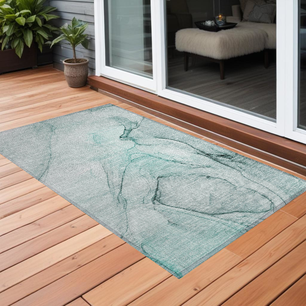 559418 3 x 5 ft. Teal Abstract Washable Non Skid Indoor Outdoor Rectangle Machine Woven Area Rug
