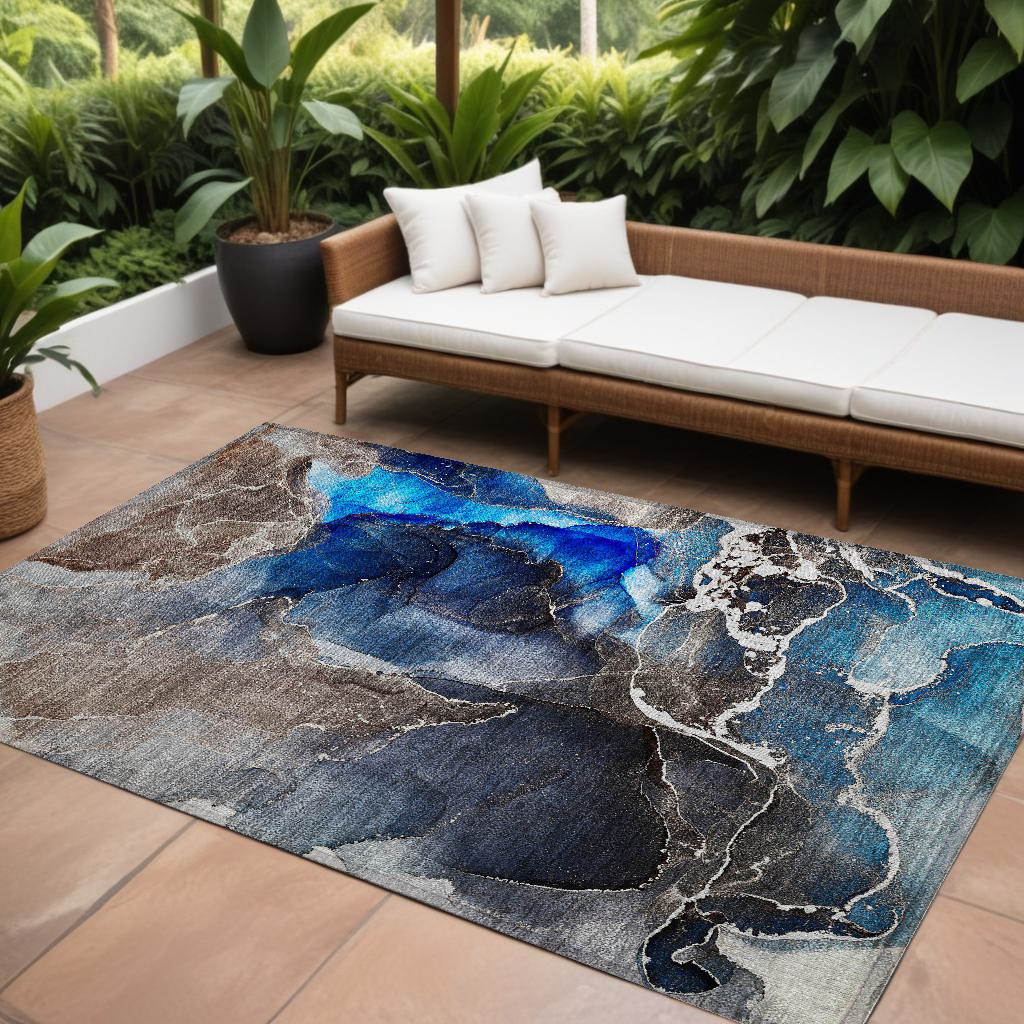 559657 10 x 14 ft. Blue Abstract Washable Non Skid Indoor Outdoor Rectangle Machine Woven Area Rug