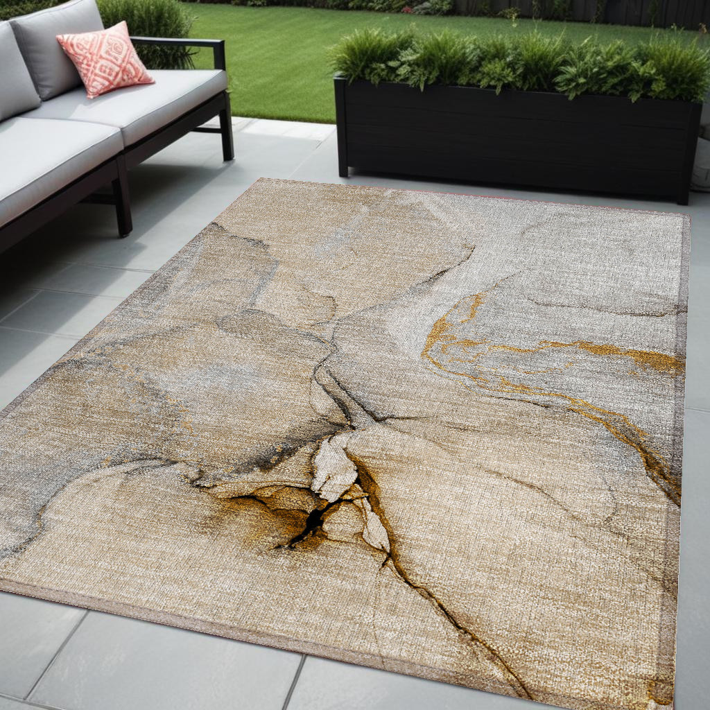 Beige Abstract Washable Non-Skid Area Rug - 5 x 8 ft - Stain Resistant