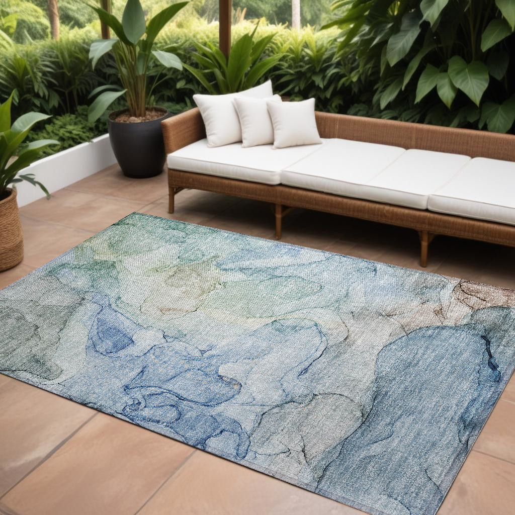 559964 10 x 14 ft. Blue Abstract Washable Non Skid Indoor Outdoor Rectangle Machine Woven Area Rug