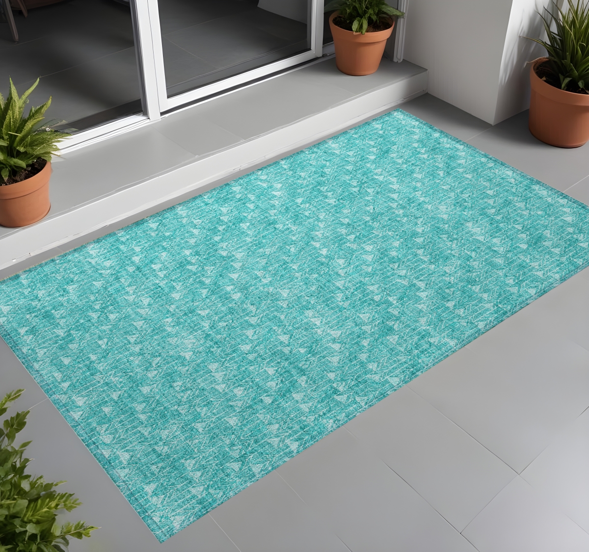 560133 3 x 5 ft. Turquoise Geometric Washable Non Skid Indoor Outdoor Rectangle Machine Woven Area Rug