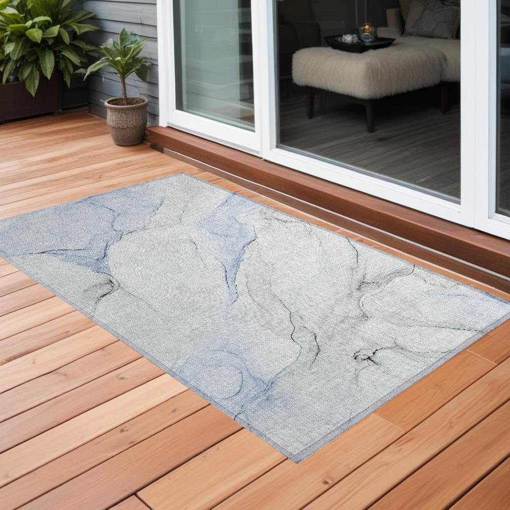 Abstract Washable Area Rug - Ivory Blue & Gray - 3 x 5 ft - Stain Resistant