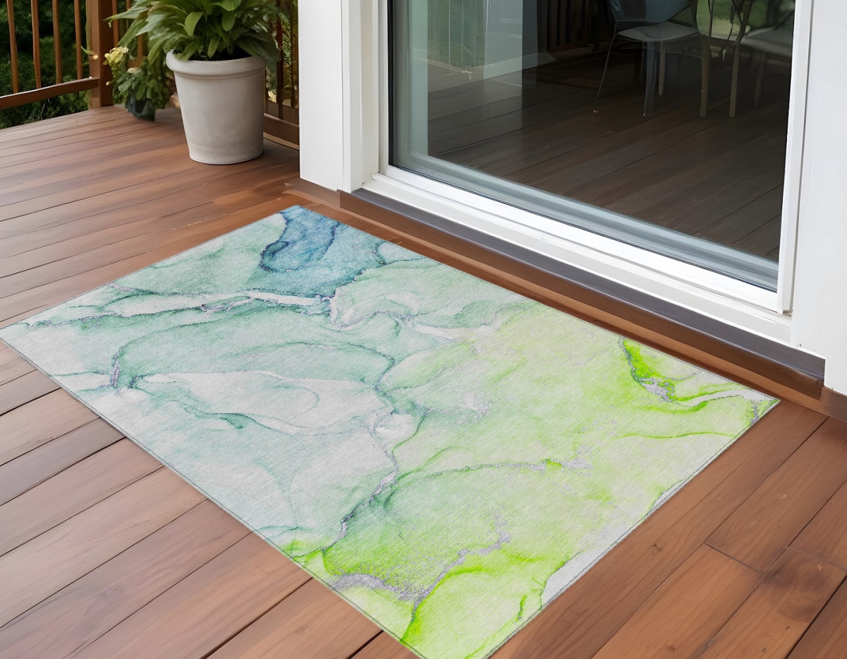 Green Abstract Washable Non-Skid Area Rug - 3 x 5 ft - Indoor/Outdoor - Stain Resistant